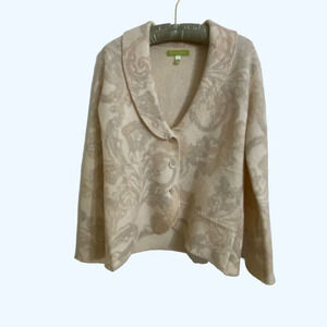 Sigrid Olsen Cream Tan Floral Wool Button Front Cardigan Sweater Small